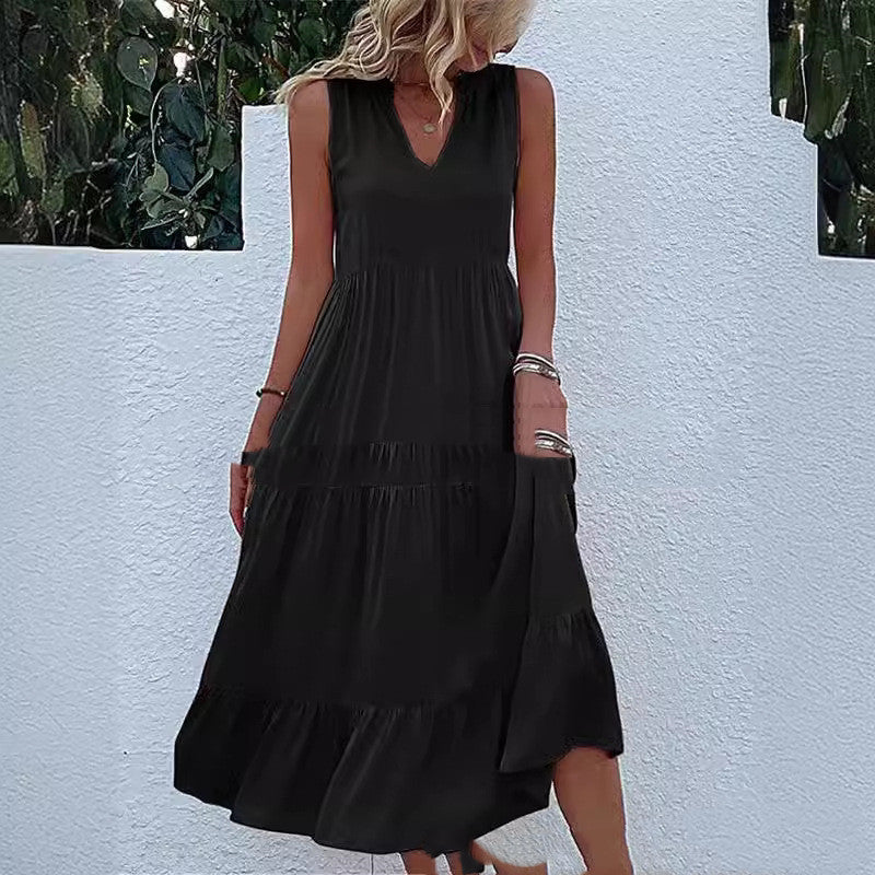 Sleeveless V-neck Solid Color Dress