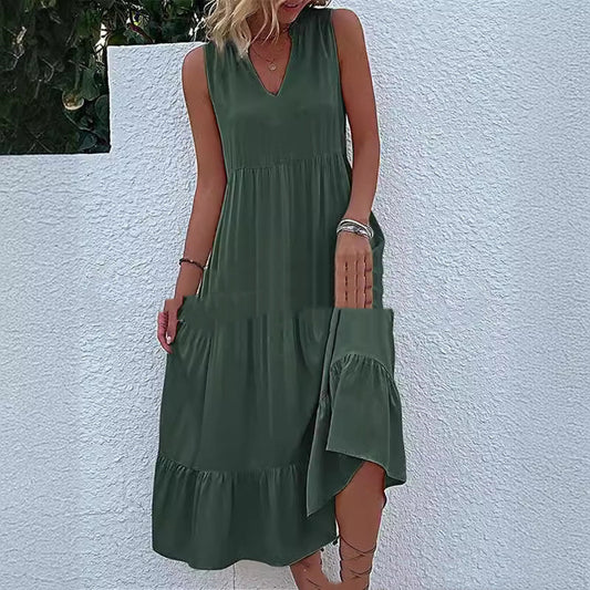 Sleeveless V-neck Solid Color Dress