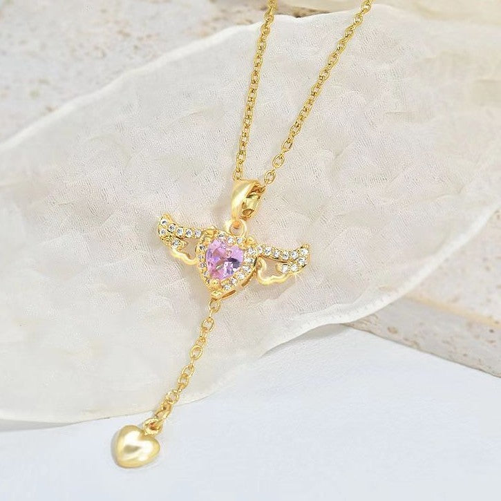 Cupid Heart Wings Tassel Necklace With Crystal