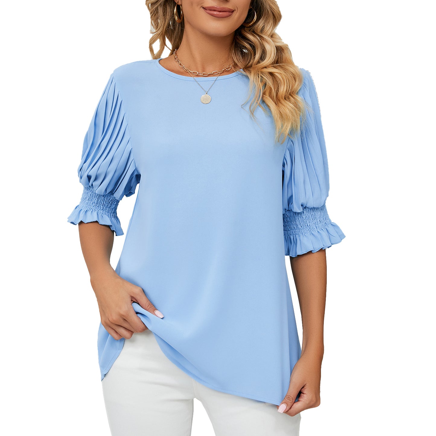 Solid Color Round Neck Blouses For Women