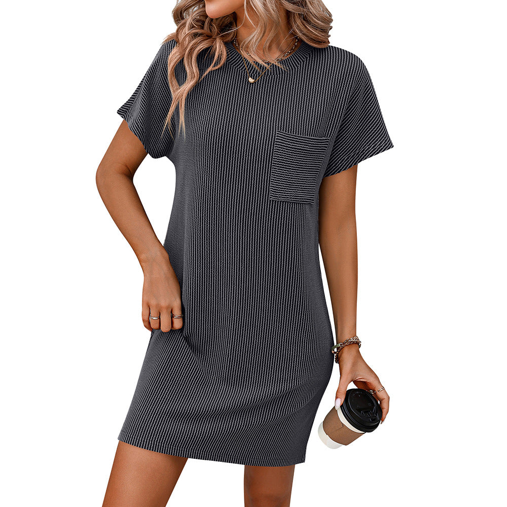 Casual Color Short Sleeve Pocket Dress