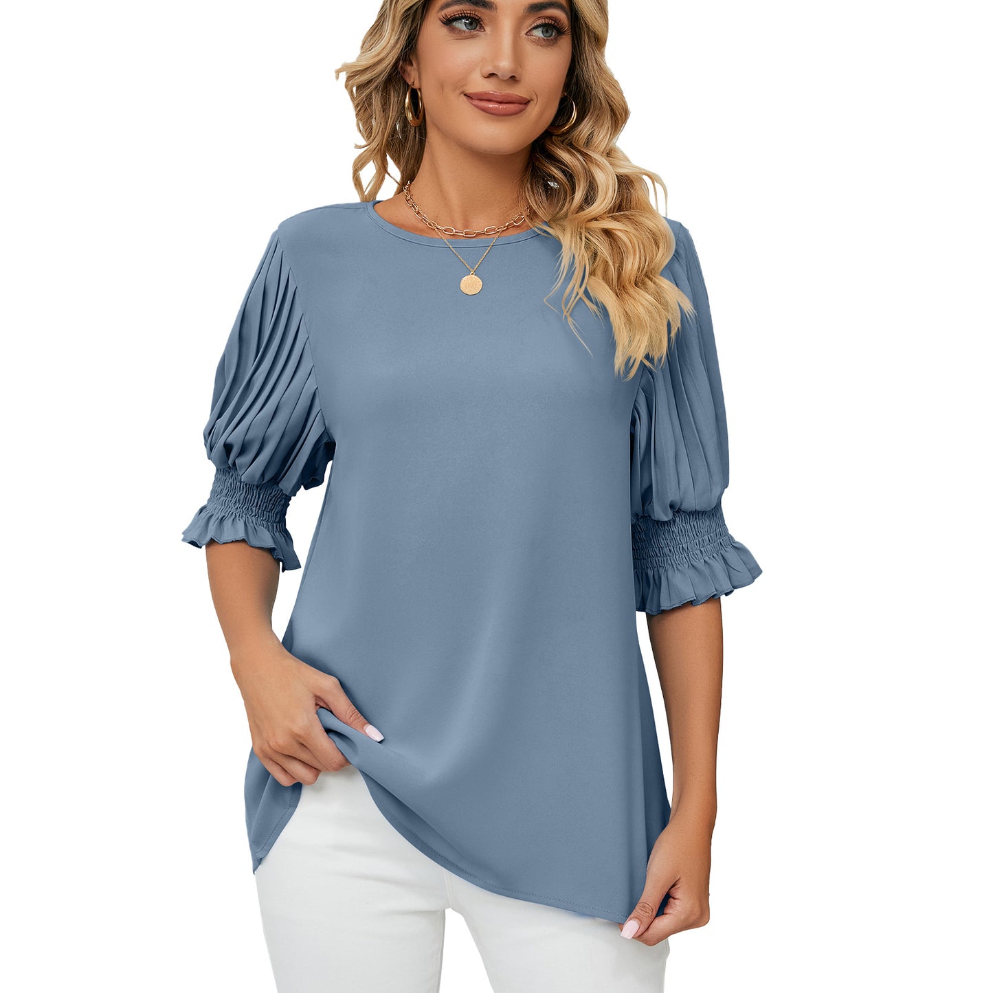 Solid Color Round Neck Blouses For Women