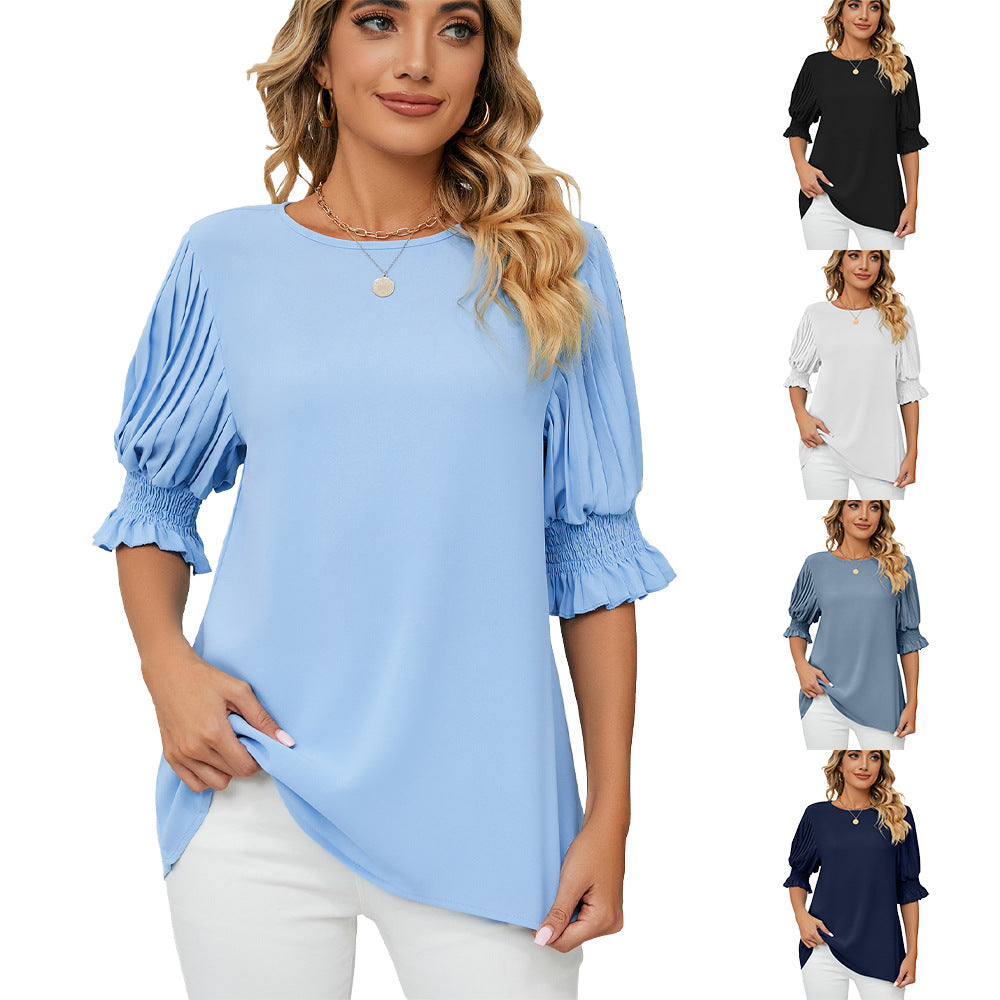 Solid Color Round Neck Blouses For Women