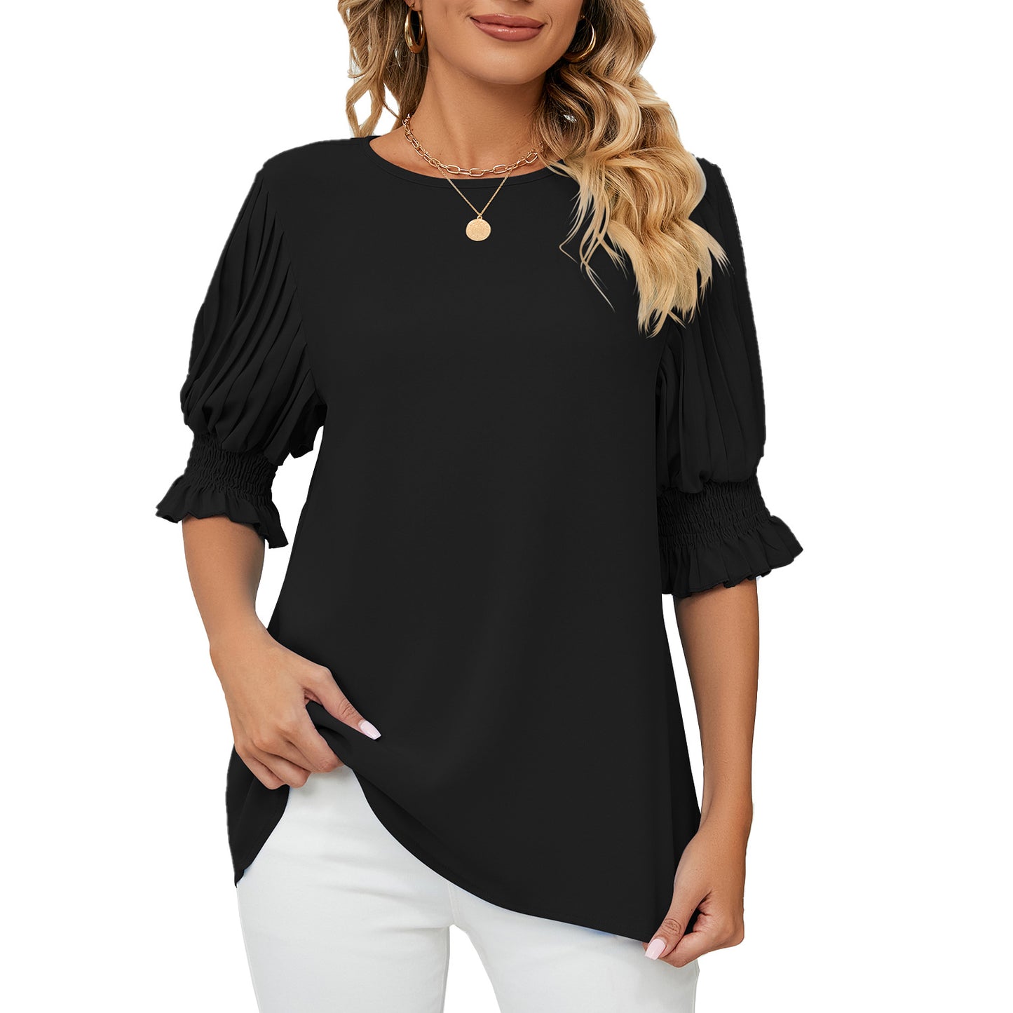 Solid Color Round Neck Blouses For Women