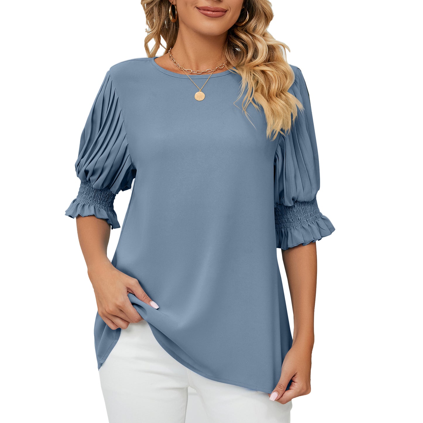 Solid Color Round Neck Blouses For Women