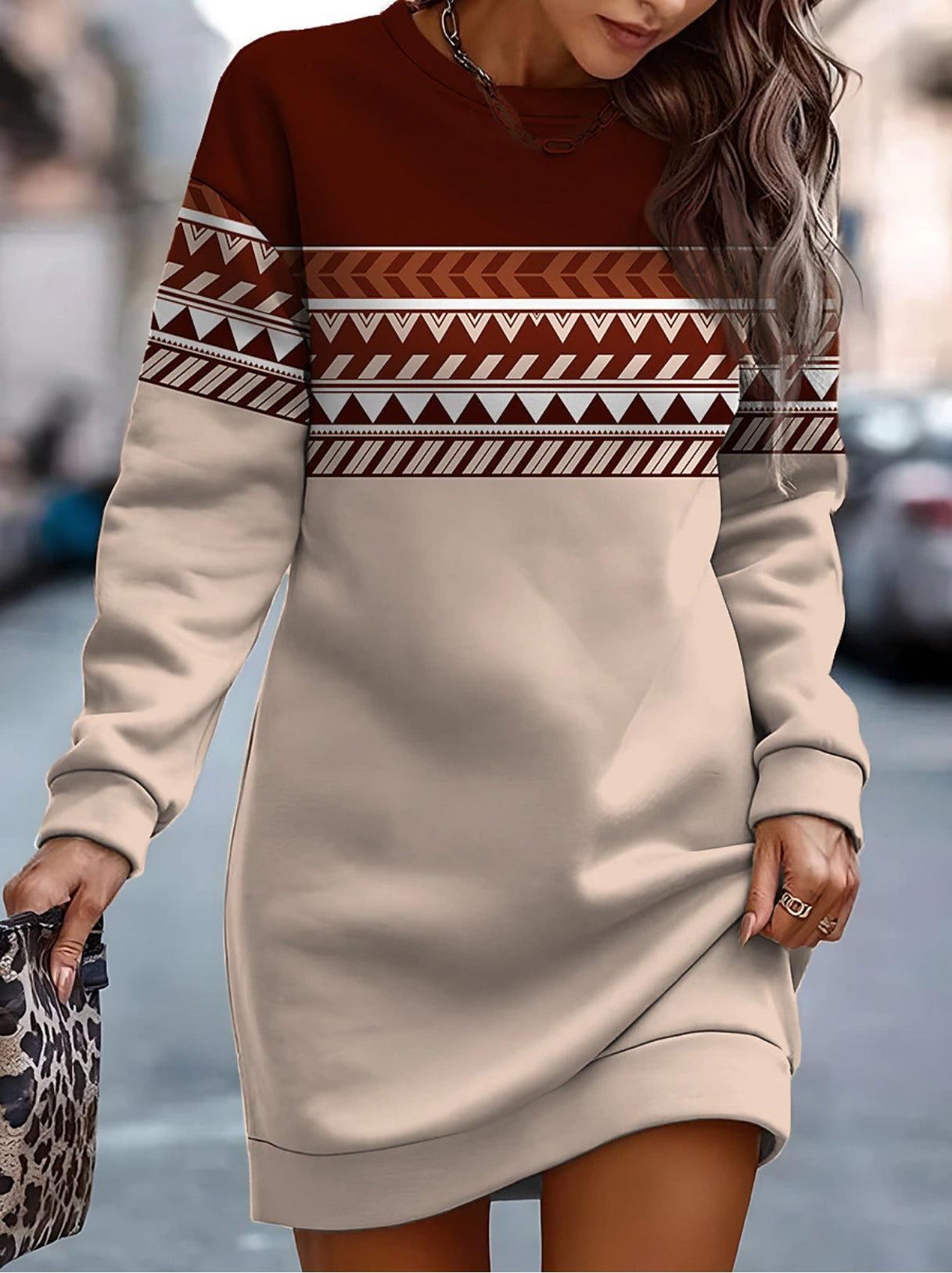 Printed Round Neck Sweater Dress