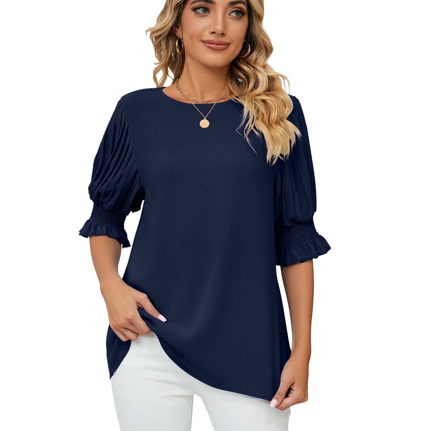 Solid Color Round Neck Blouses For Women