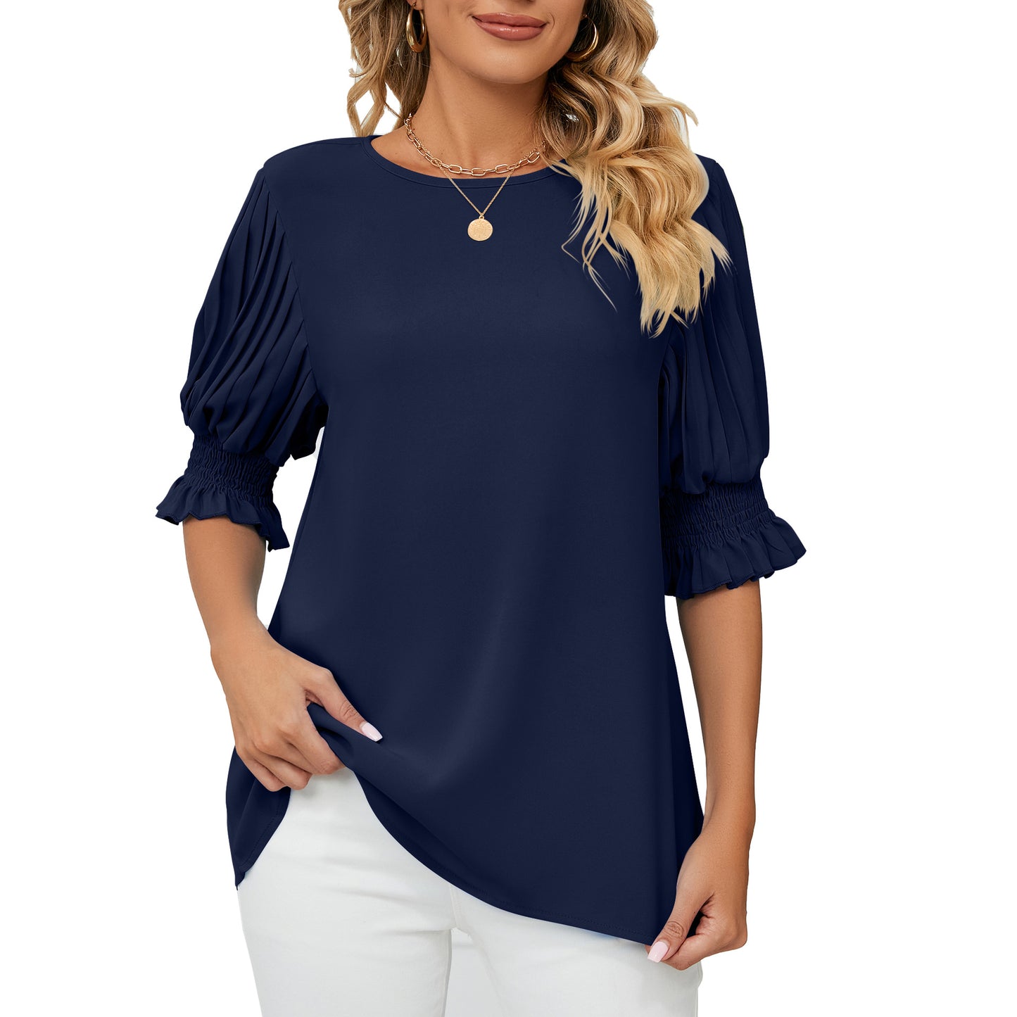 Solid Color Round Neck Blouses For Women