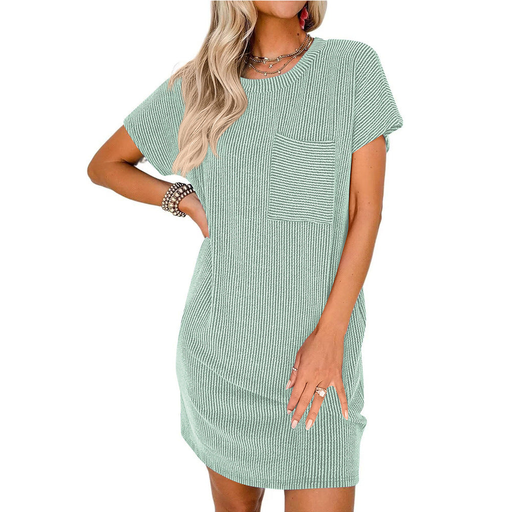 Casual Color Short Sleeve Pocket Dress