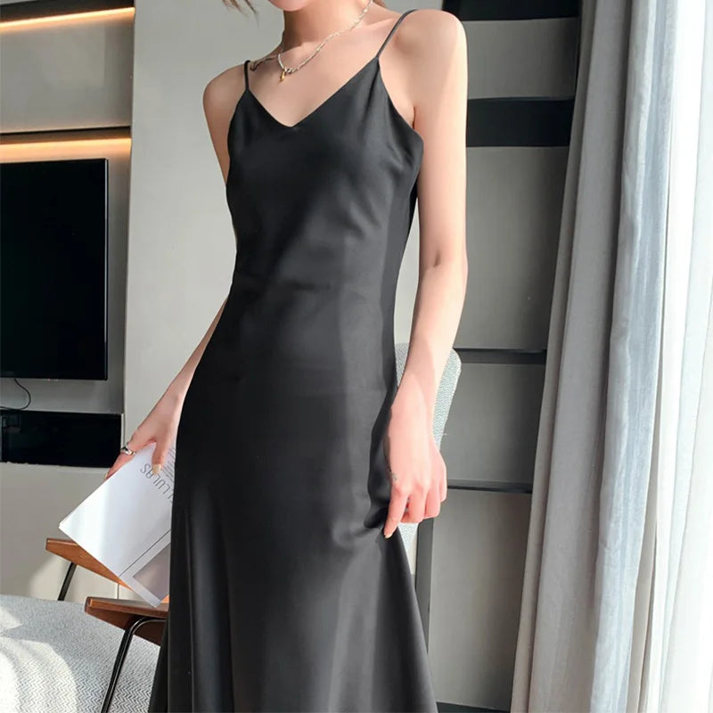 Womens V Neck Satin Long Dress