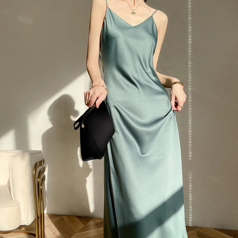 Womens V Neck Satin Long Dress