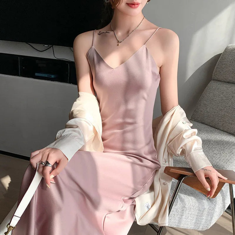 Womens V Neck Satin Long Dress