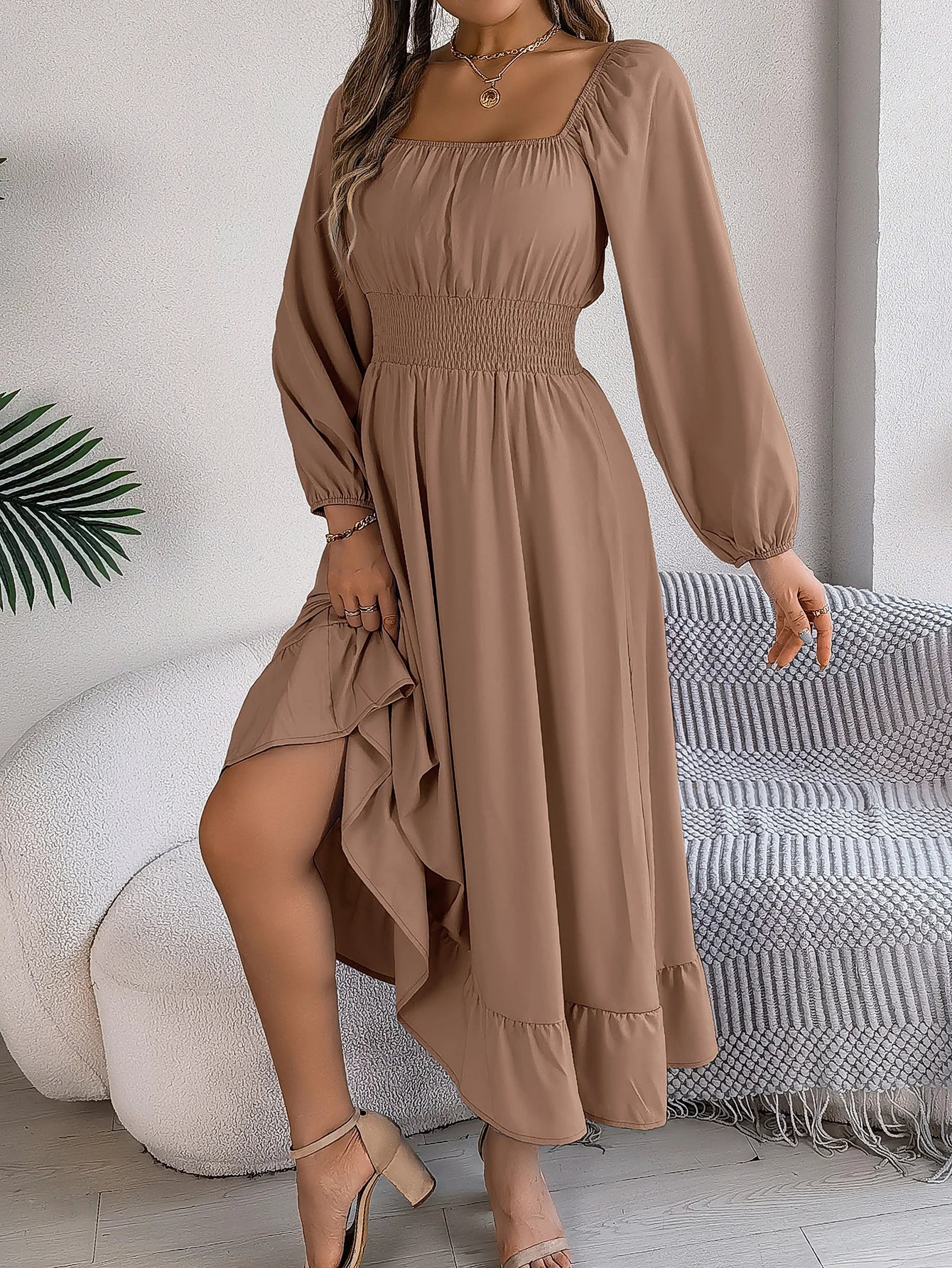 Elegant High Waisted Square Neck Long Dress