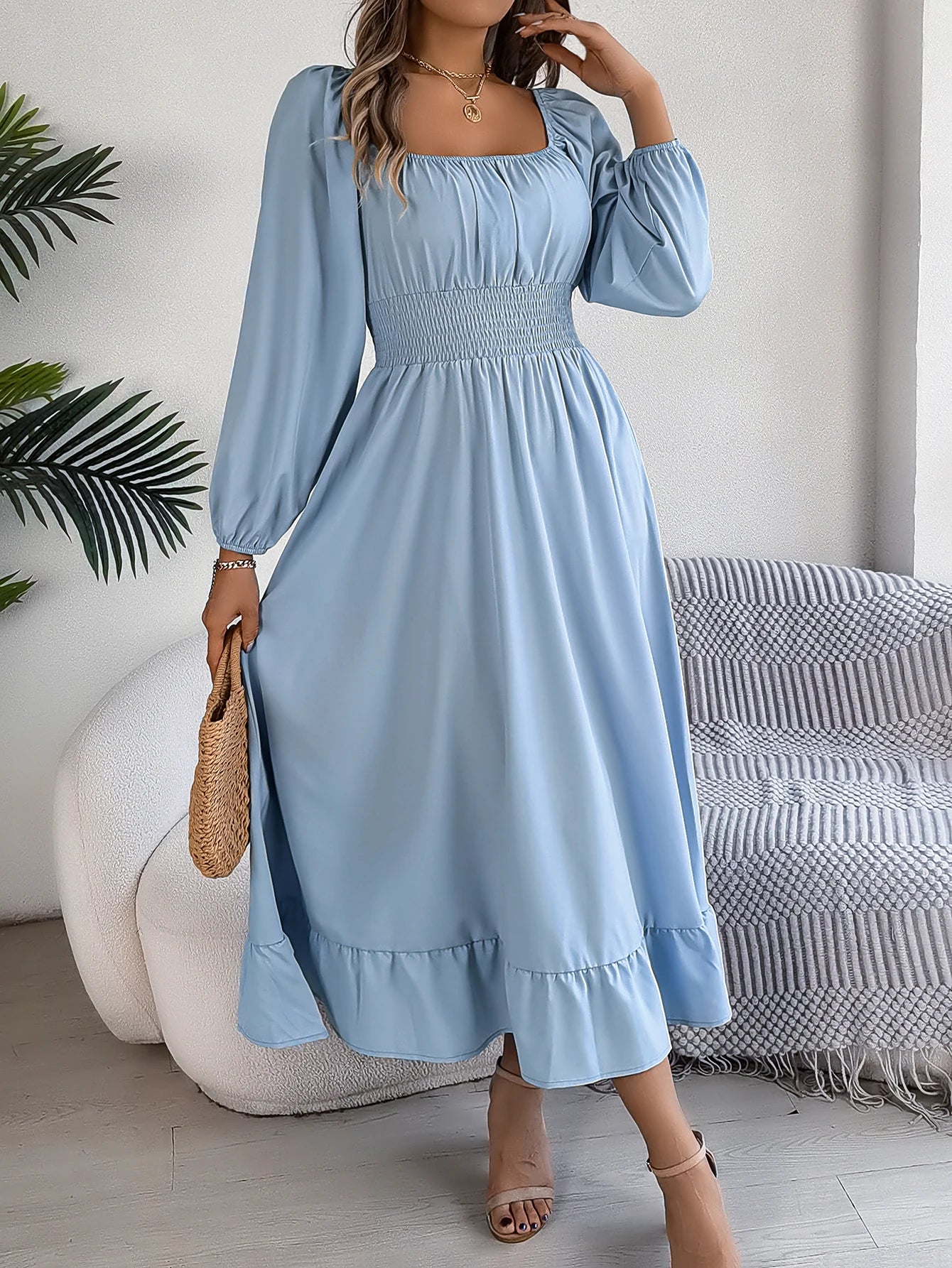 Elegant High Waisted Square Neck Long Dress