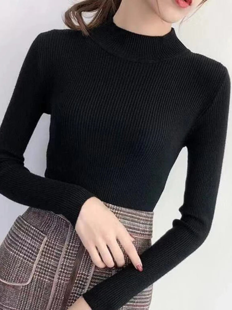 Autumn Winter Mock Neck Women Vintage Sweater