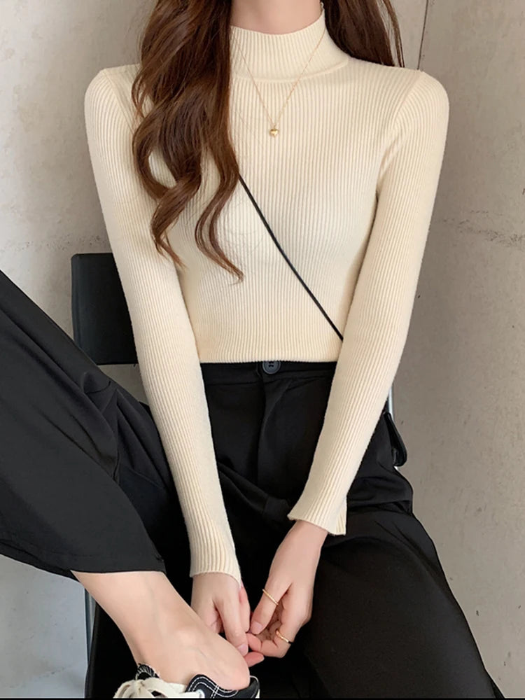 Autumn Winter Mock Neck Women Vintage Sweater