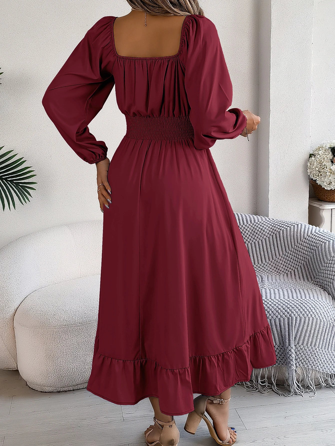 Elegant High Waisted Square Neck Long Dress