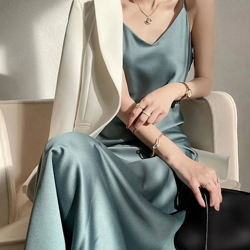 Womens V Neck Satin Long Dress