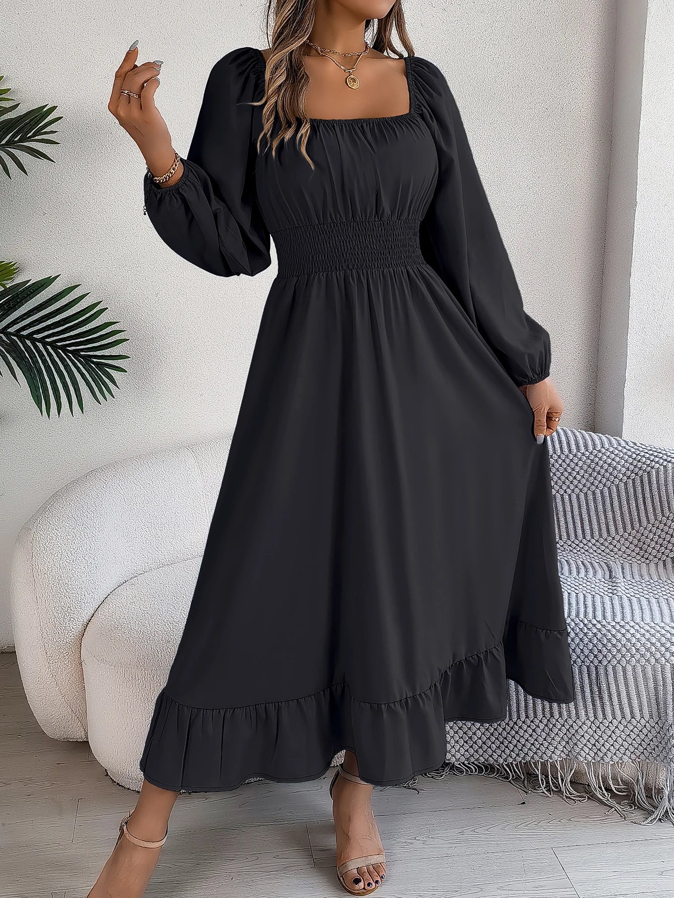 Elegant High Waisted Square Neck Long Dress