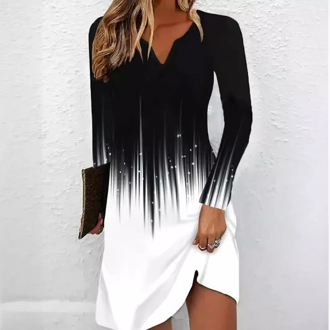 V-neck Black And White Long Sleeve Dress