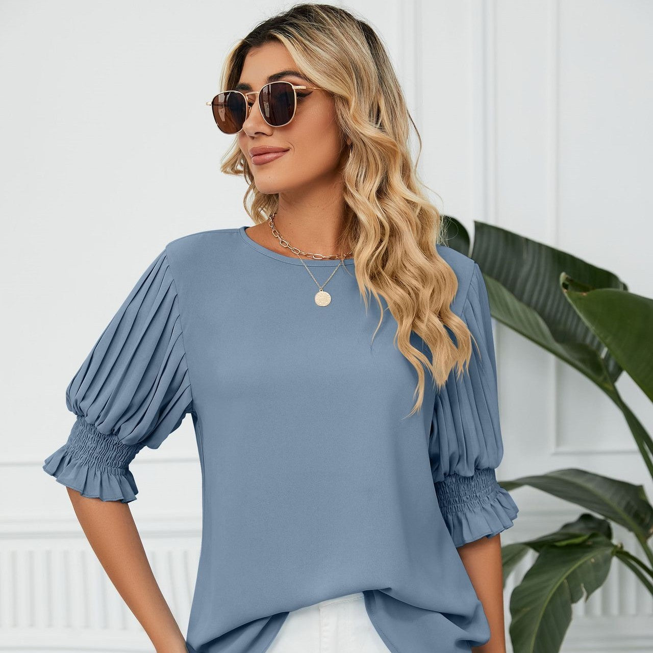 Solid Color Round Neck Blouses For Women