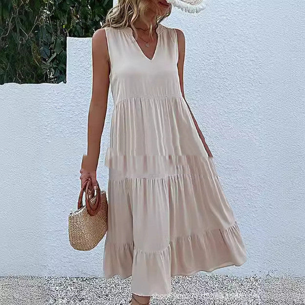 Sleeveless V-neck Solid Color Dress